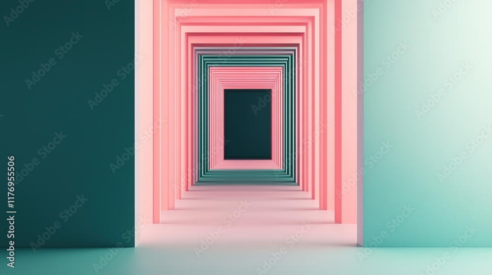 A visually striking hallway of layered pastel frames leading into a dark center, creating a sense of depth and perspective. A visually striking hallway of layered pastel frames leading into a dark center, creating a sense of depth and perspective.