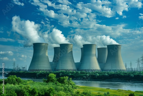 Nuclear Power Plant Cooling Towers by the River photo