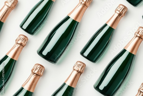 Green mini champagne bottles pattern, white background, celebration, advertising photo