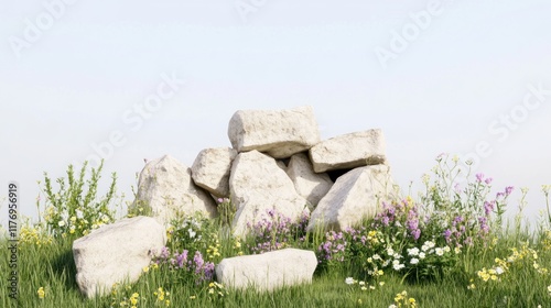 A pile of stones surrounded by colorful wildflowers in a grassy field.