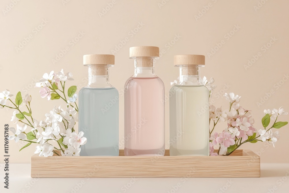 Elegant Glass Containers Arranged on Wooden Tray with Floral Accents in Pastel Hues Elegant Glass Containers Arranged on Wooden Tray with Floral Accents in Pastel Hues