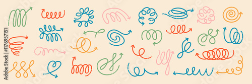 Spiral arrows. Hand drawn lines with arrows on ending recent vector doodle set of different spirals