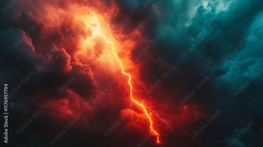 Fototapeta premium Striking lightning illuminates a stormy sky at dusk over a rural landscape