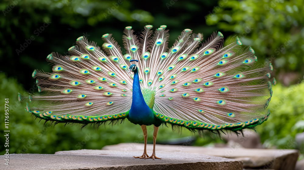 Obraz premium Peacock displaying its vibrant feathers in a lush garden during daylight