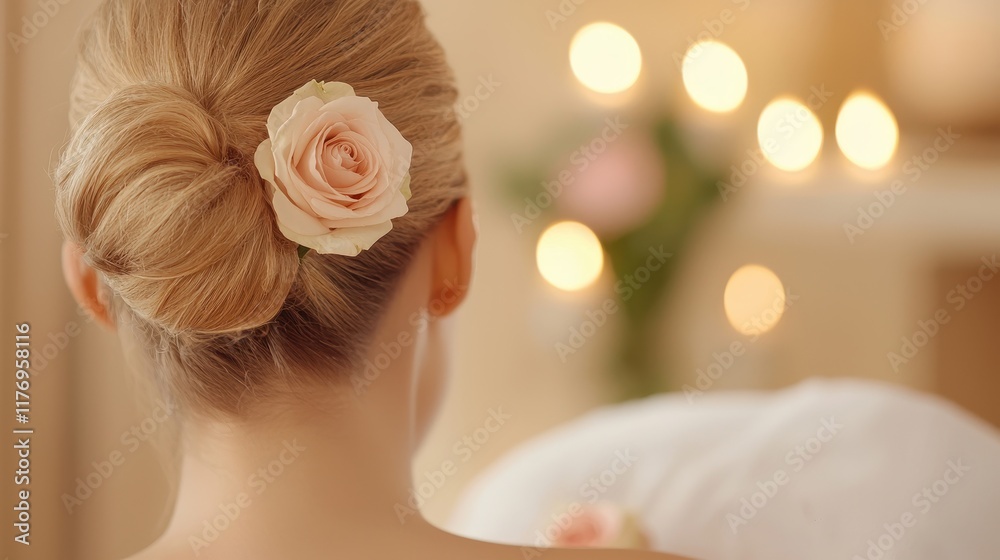 Naklejka premium Elegant Woman with Rose Flower in Updo Hairstyle Enjoying Relaxing Moment