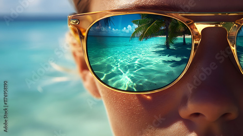 sun glasses on the beach, create a realistic close-up photo of woman wearing a pair of sunglasses with a reflection of the sea in the glasses 