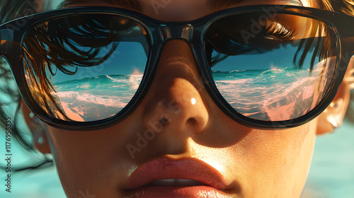 create a realistic close-up photo of woman wearing a pair of sunglasses with a reflection of the sea in the glasses, portrait of a person in sunglasses