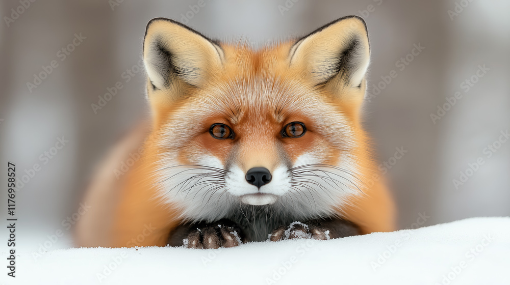 Obraz premium Graceful red fox resting in snowy woods during the winter season, showcasing its vibrant fur against the serene white landscape