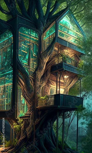 Futuristic treehouse with green lights and glass windows footage plan