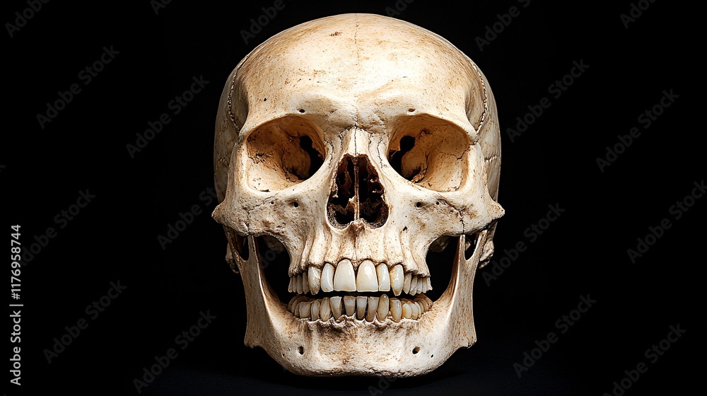 Fototapeta premium Detailed human skull on display against a black background in a museum setting