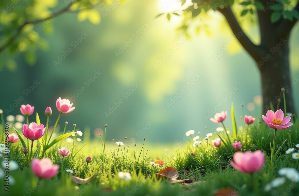 Fototapeta premium Beautiful view of trees and pink flower blossoms background. Perfect for spring-themed designs, nature inspired concepts, or Easter celebrations.