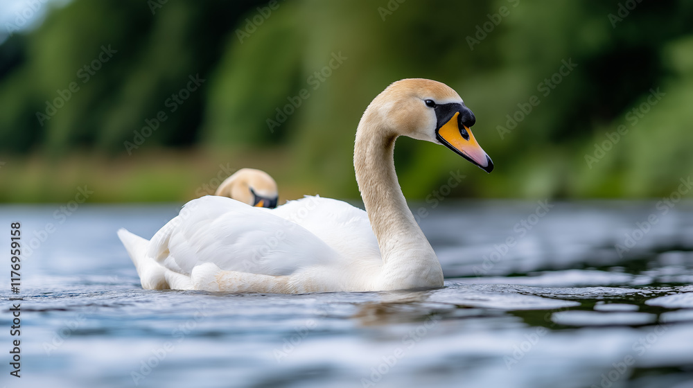 Fototapeta premium Swans gliding gracefully on a tranquil lake surrounded by lush greenery on a sunny day