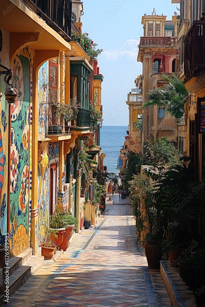 Fototapeta premium Narrow, colorful street, ocean view, plants.