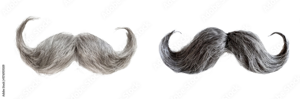 Two gray fake mustaches curled up isolated on transparent background Two gray fake mustaches curled up isolated on transparent background