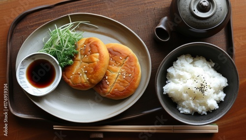 Grilled Fish Dinner with Rice and Sauce on Traditional Japanese Tabletop Arrangement photo