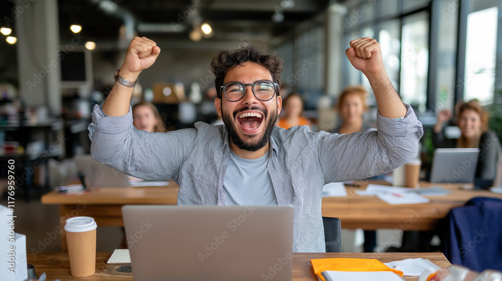 Fototapeta premium Team joyfully celebrates successful project completion in a modern office environment