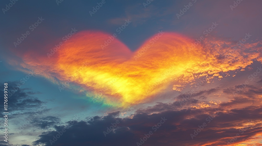 Fototapeta premium A stunning sky displaying heart-shaped clouds in vibrant colors, creating a romantic backdrop perfect for Valentine's Day love and celebrations