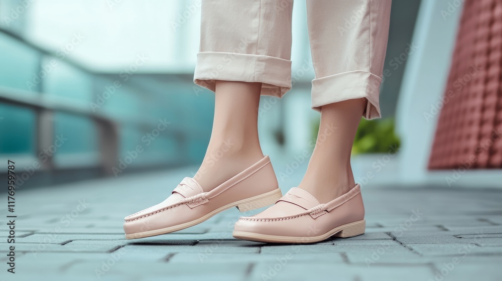 Elegant Spring Fashion Pastel Loafers with Cropped Trousers on Urban Pavement Elegant Spring Fashion Pastel Loafers with Cropped Trousers on Urban Pavement