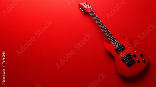 Red electric guitar resting against a vibrant red background in a minimalistic setup