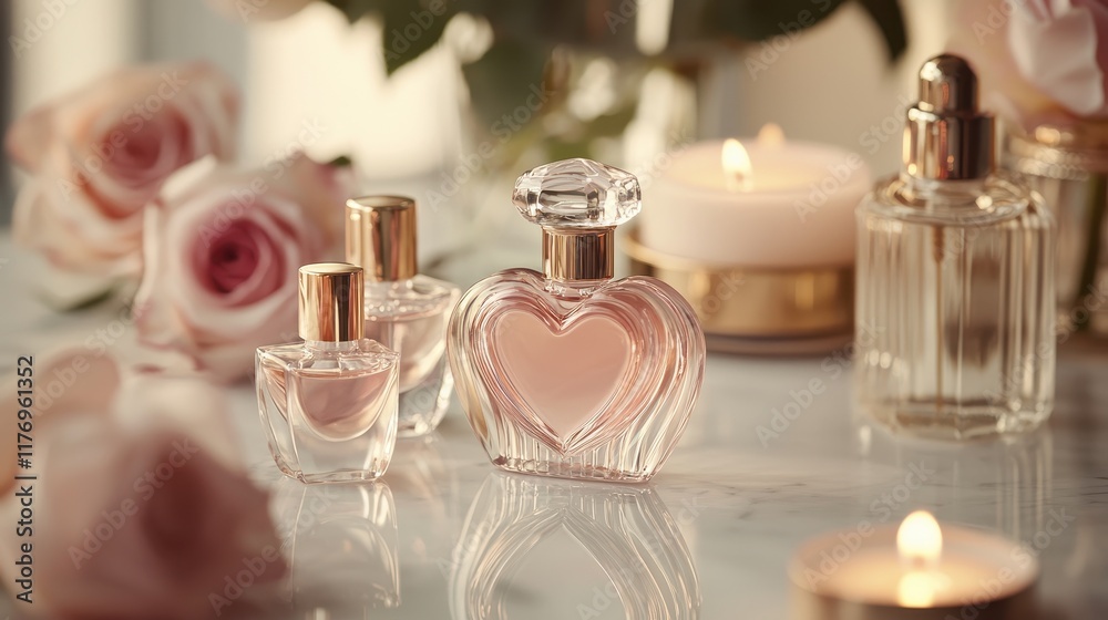 Romantic and Elegant Perfume Bottle Display in Heart Shaped Arrangement Romantic and Elegant Perfume Bottle Display in Heart Shaped Arrangement