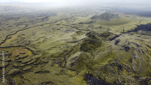 Vue aérienne panoramique de la chaîne de volcan Laki, désert de montagne de mousse, Islande
 photo