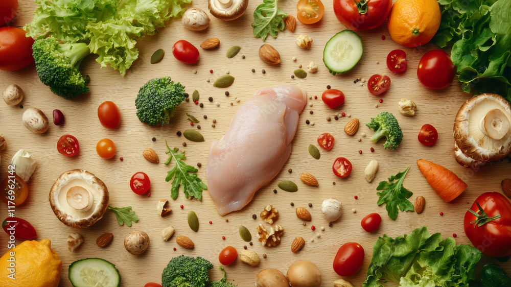 Vibrant Flat Lay Featuring an Assortment of Fresh Fruits and Vegetables Arranged on a Wooden Surface With Nuts and Seeds Vibrant Flat Lay Featuring an Assortment of Fresh Fruits and Vegetables Arranged on a Wooden Surface With Nuts and Seeds