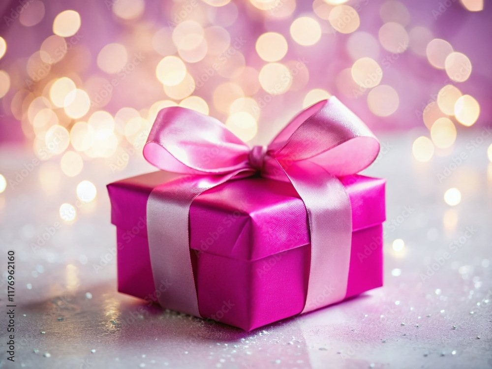 Fototapeta premium Pink Gift Box with Ribbon Bokeh Background - Festive Celebration Present