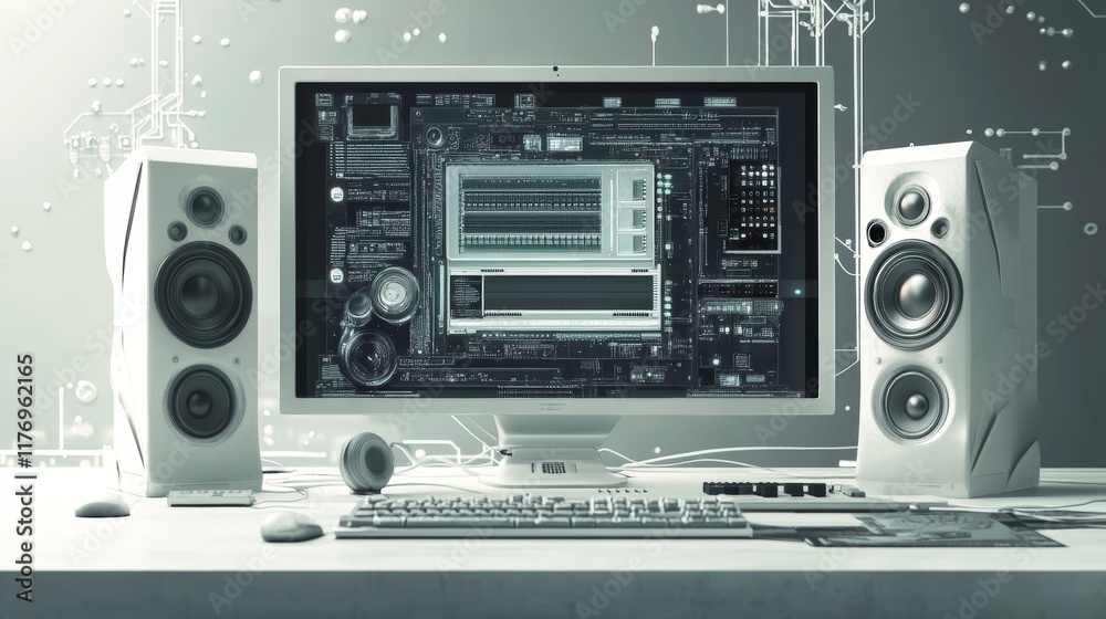 Obraz premium Desktop with speakers and monitor