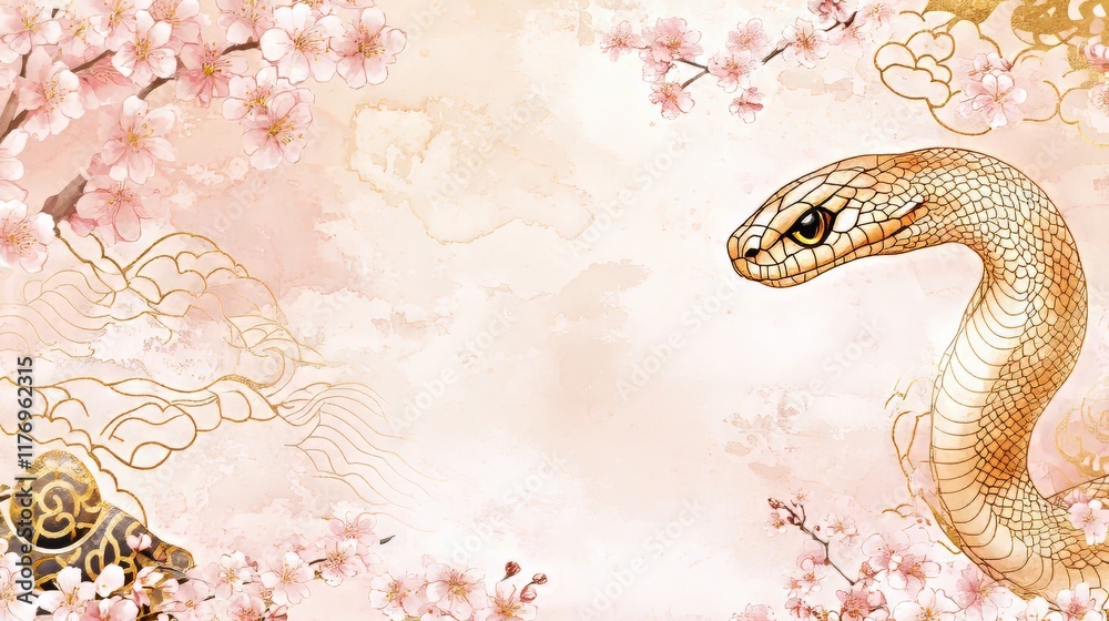 Obraz premium Intricate illustration of a snake amidst delicate cherry blossoms.
