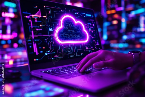 Neon cloud icon on laptop screen with hand typing on keyboard in vibrant futuristic setting. photo