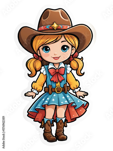 little girl in western countrystyle outfir vector sticker ornament photo