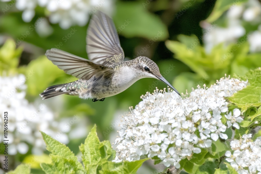 Fototapeta premium Hummingbird feeding, flowers, garden, flight, nature, spring, wildlife, closeup, pollination, poster