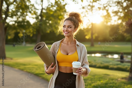 Fototapeta Naklejka Na Ścianę i Meble -  Young woman with yoga mat and coffee cup walking in park on sunny day.