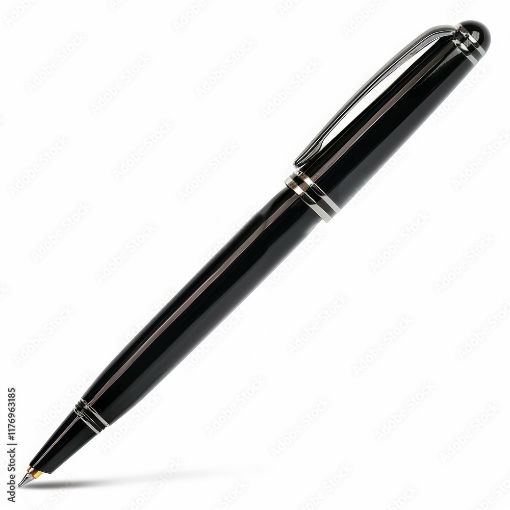 Luxurious black and silver ballpoint pen casting a subtle shadow on a pristine white background, creating a sophisticated and professional image Luxurious black and silver ballpoint pen casting a subtle shadow on a pristine white background, creating a sophisticated and professional image