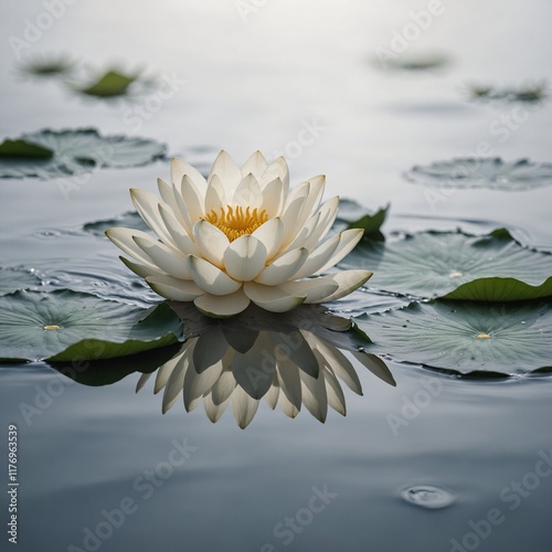 A white lotus flower floating on a calm surface, against a white background.