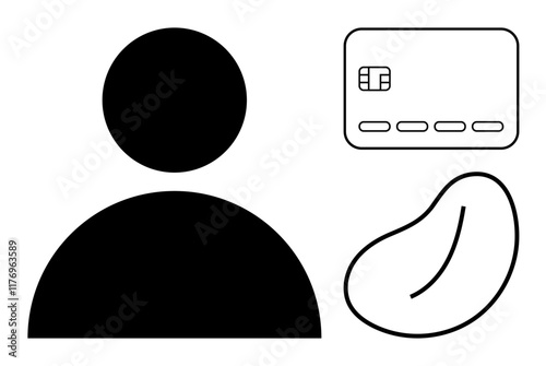 User profile silhouette, credit card outline, and abstract shape. Ideal for identification, finance, accounts, personal information, online transactions creative design educational resources. Line