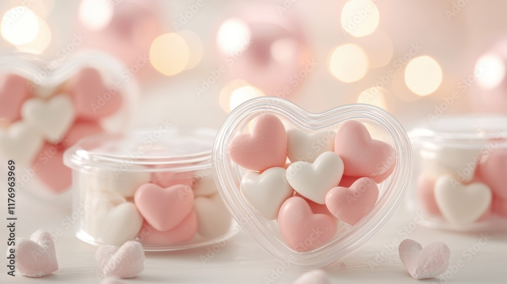 Transparent Heart Shaped Containers Filled with Pink Marshmallow Candies Transparent Heart Shaped Containers Filled with Pink Marshmallow Candies