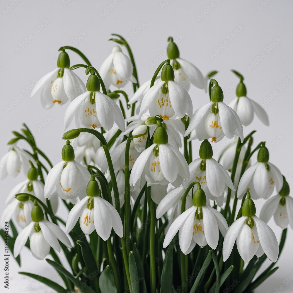 A cluster of white snowdrops delicately resting, with a plain white background. A cluster of white snowdrops delicately resting, with a plain white background.