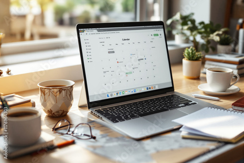 Laptop displaying Google Calendar on a wooden desk with coffee and stationery. photo