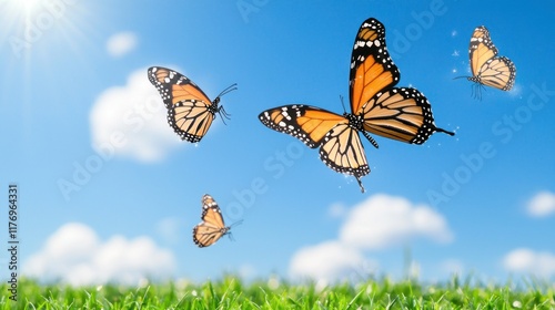 Butterflies fluttering in a sunny sky over green grass.