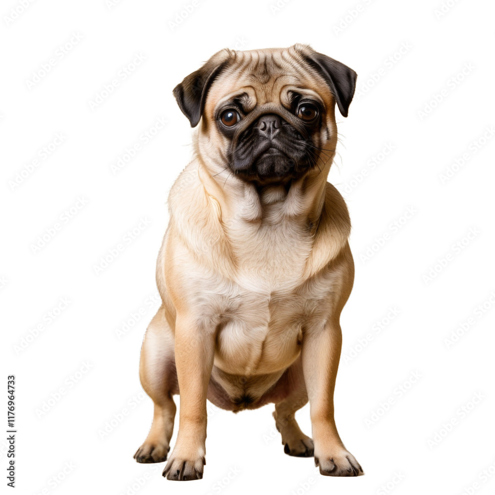 A small, cute, fawn pug, standing, focused attention and determination, transparent backgrou A small, cute, fawn pug, standing, focused attention and determination, transparent backgrou