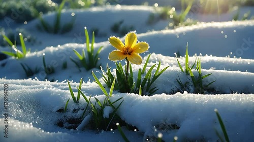 Bright Yellow Flower Blooming Through Snow-Covered Grass in Early Morning Sunlight

 photo