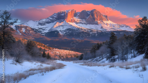 A serene photography of Mount Yamnuska at dawn, with the first light of day illuminating the rocky summit and casting long shadows over the rolling foothills below. photo