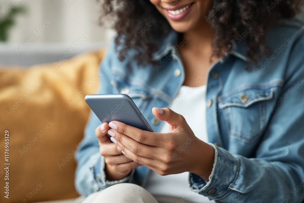 Woman holding a smartphone and smiling while sitting on a sofa indoors. Woman holding a smartphone and smiling while sitting on a sofa indoors.
