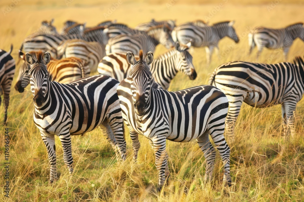 Fototapeta premium A herd of zebras grazing in a golden grassland under bright sunlight.