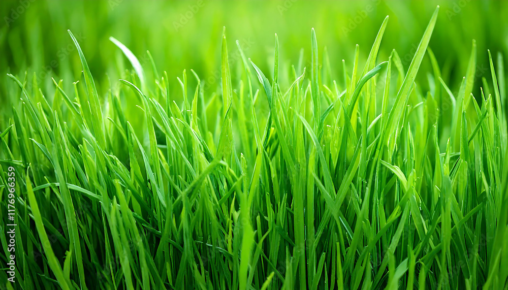 Fototapeta premium Vibrant close-up of lush green grass, perfect for spring/summer themes, nature backgrounds, or environmental projects. Its rich color and texture add a fresh, natural feel to any design.