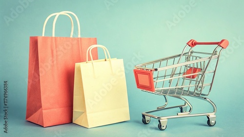 A stylish shopping cart paired with multiple paper bags on a pastel red surface. photo