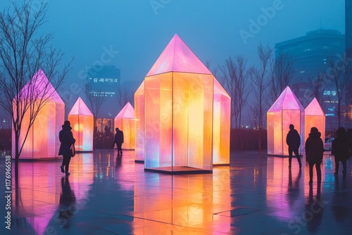 Seoul City Square Twilight Minimalist Urban Light Art with Pastel Reflections photo