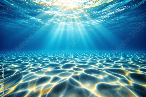 Abstract underwater scene with sunlight rays breaking through the water, illuminating the sandy ocean floor with rippling patterns. photo