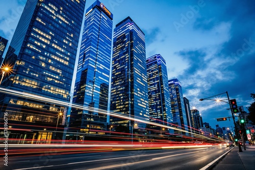 Illuminated skyscrapers in urban nightscape with light trails on street. photo